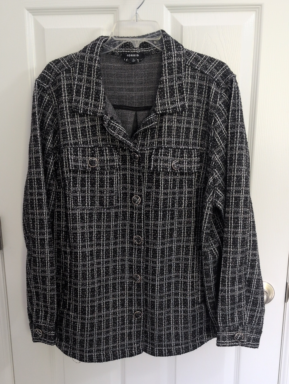 Torrid Black & Silver Plaid Tweed Button Down Shirt Jacket - 2X